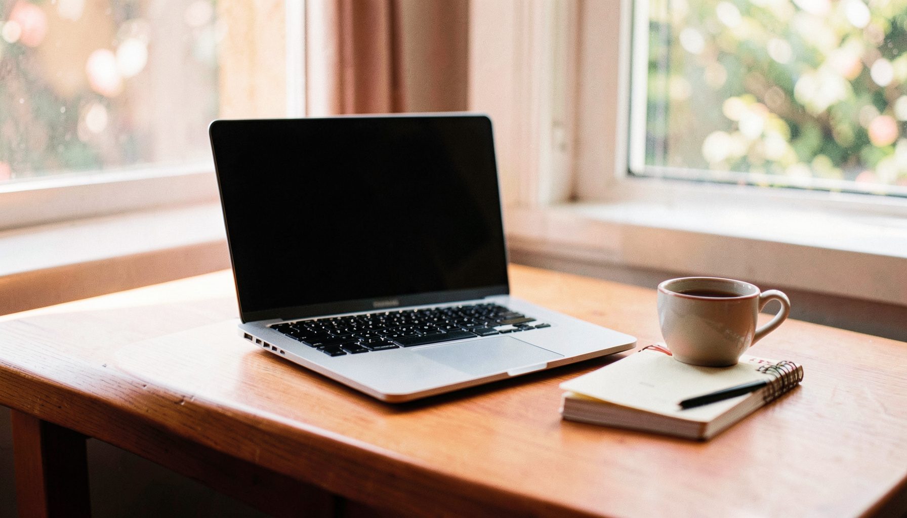 Một chiếc bàn làm việc gọn gàng với laptop mở, bên cạnh là tách cà phê và cuốn sổ tay, ánh sáng tự nhiên từ cửa sổ