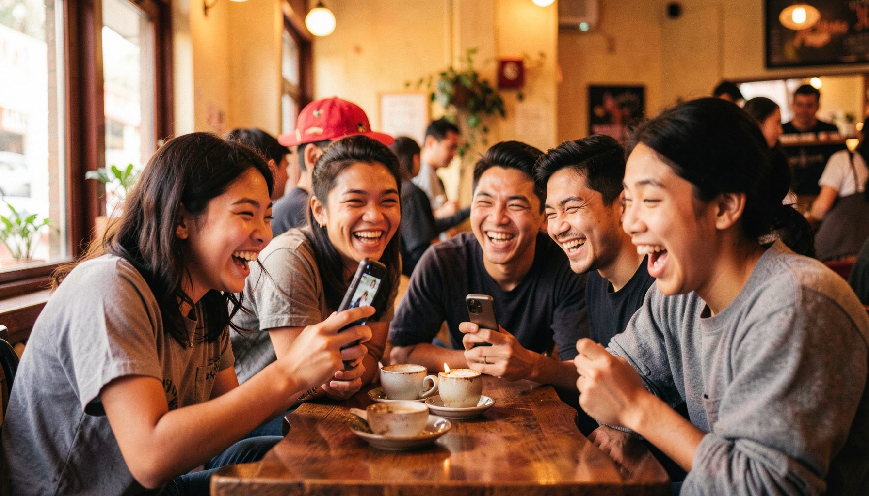 Một nhóm bạn trẻ đang cười lớn khi xem video trên điện thoại trong quán cà phê, ánh sáng vàng ấm, không khí vui vẻ thân thiện