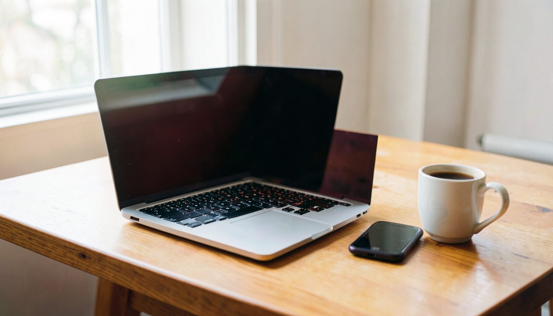 Một chiếc bàn làm việc gọn gàng với laptop đang mở, bên cạnh là điện thoại và một tách cà phê, ánh sáng tự nhiên dịu nhẹ chiếu qua cửa sổ, tông màu trắng và gỗ ấm áp.